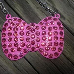 Pink Rhinestone Bling Bow Necklace