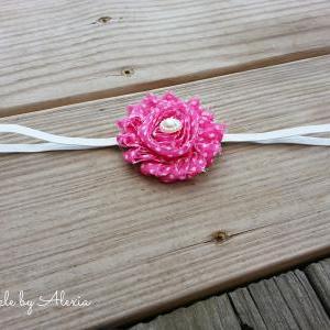 Pink Polka Dot Shabby Flower Stretch Headband