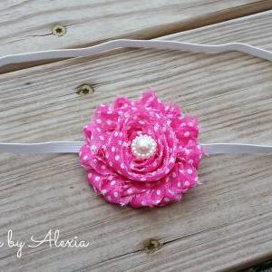 Pink Polka Dot Shabby Flower Stretch Headband