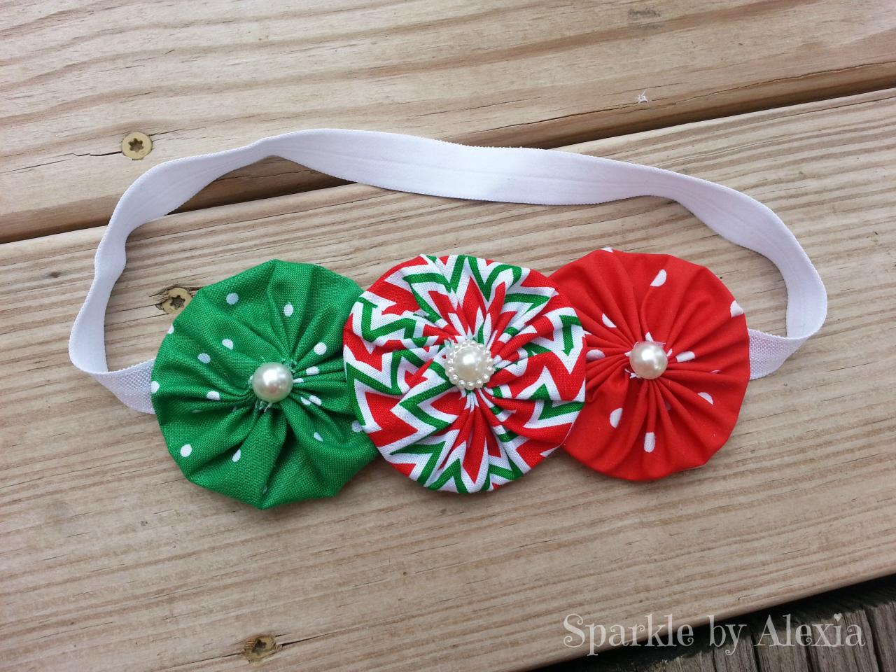 Christmas Fabric Yo-yo/rosette Flower Stretch Headband