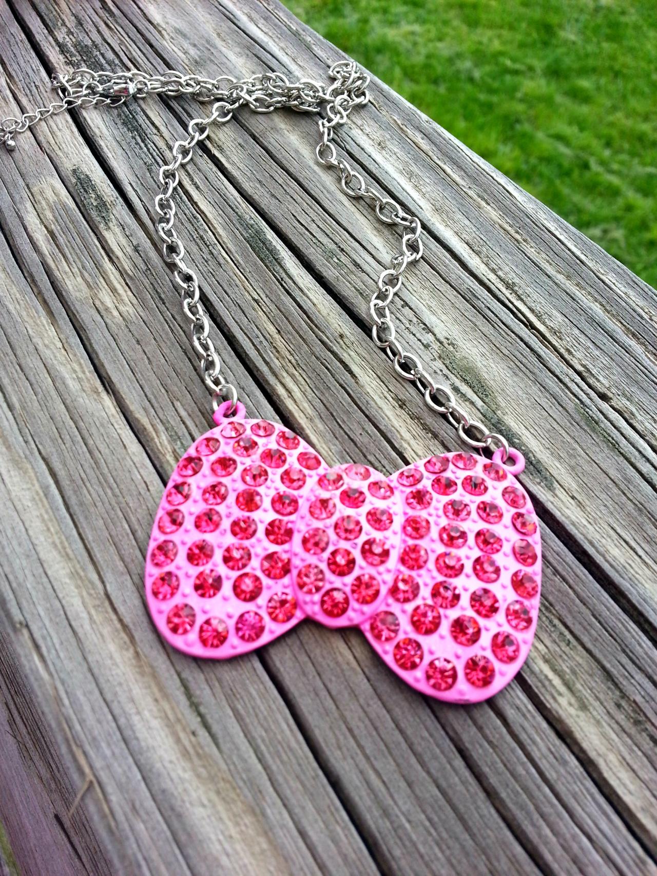 Pink Rhinestone Bling Bow Necklace